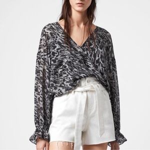 Allsaints Penny Ambiant Animal Print Long Sleeve Blouse Size Large